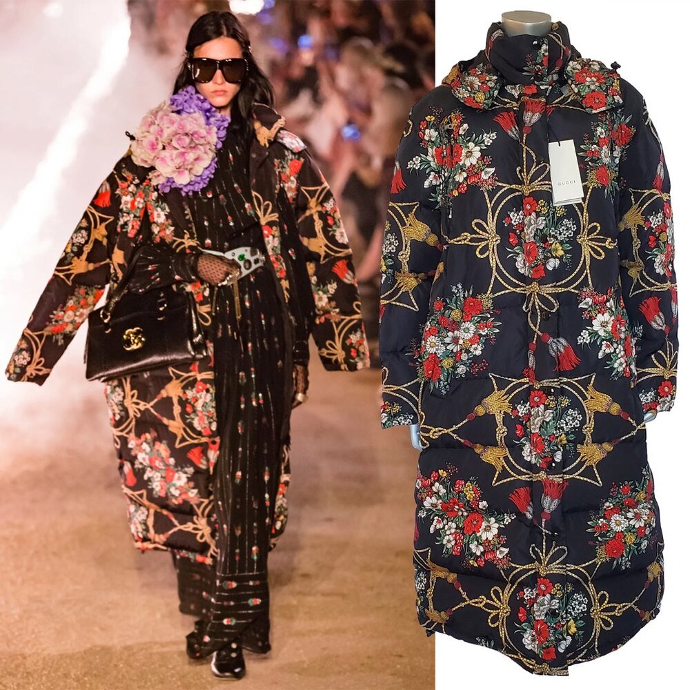 GUCCI COAT PADDED CAPE FLOWERS TASSELS PRINT HOODED LONG sz IT 40 US 4-6